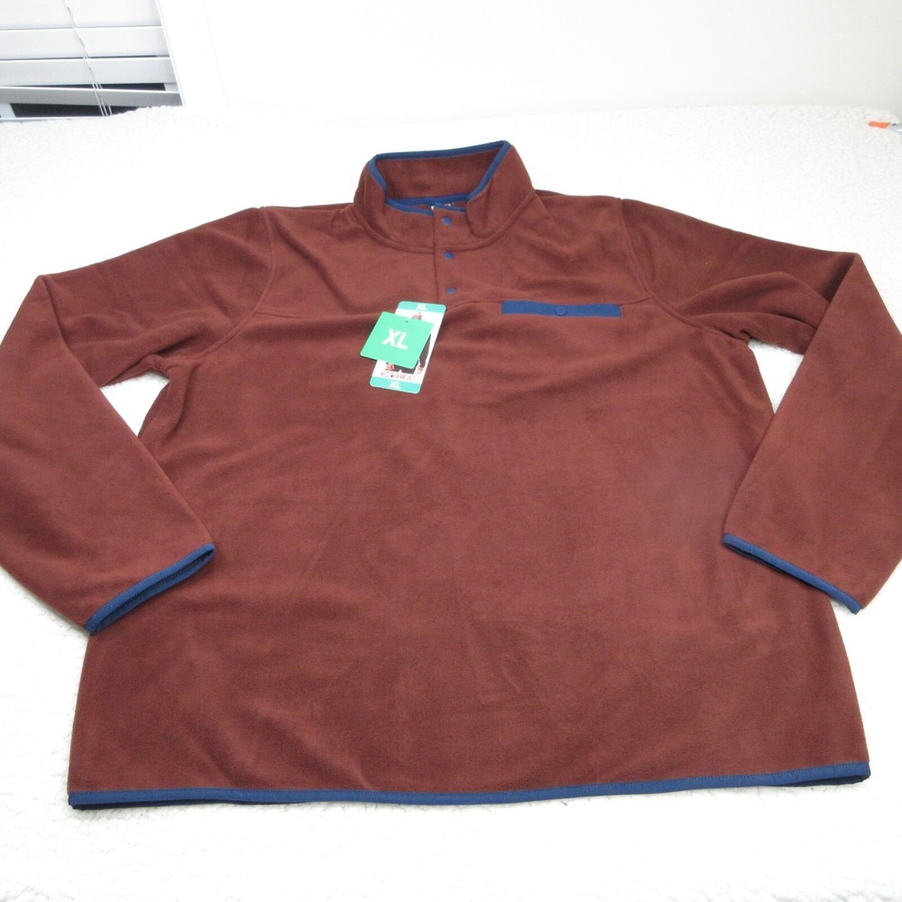 32 Heat Mens XL Fleece Pullover Mock Neck Snap Button Brown Burgundy New